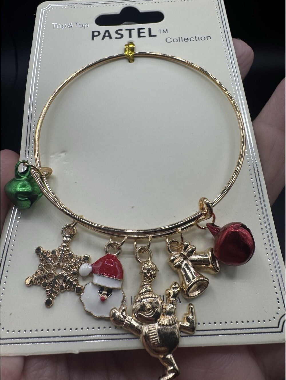 Christmas Charm Bangle Bracelet Gold Tone Snowman Santa Bells NWT